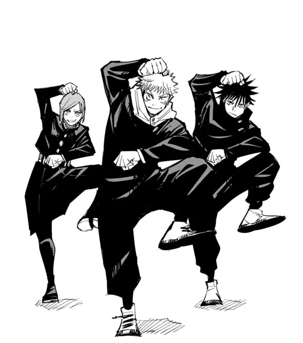 JujutsuKaisen's tweet photo. Gege drew the characters in the pose from the anime ED in this week’s bonus chapter! https://t.co/WIwXasxDiz