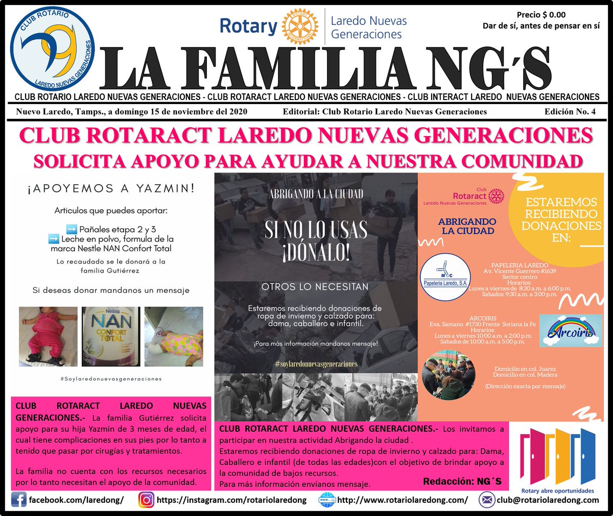 NgLaredo's tweet photo. 💖💛💙 “𝐋𝐀 𝐅𝐀𝐌𝐈𝐋𝐈𝐀 𝐍𝐆´𝐒” Edición No. 4 donde te presentamos las actividades de nuestro Club y de los ahijados Rotaract e Interact.
#RotaryAbreOportunidades #RotaryInternational
#Distrito4130
#zona25a
#RotarioLaredong
#SoyLaredoNuevasGeneraciones
#Interactlaredong https://t.co/R6TzIpbWYt