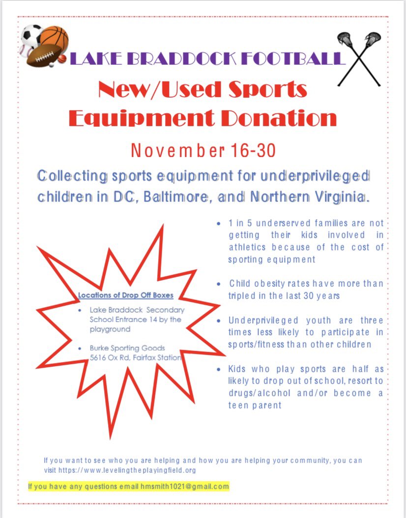 mdoc376's tweet photo. Lake Braddock Football is partnering with Hannah Smith —(@CoachBrandonS )’s daughter for this awesome community service project. Donate all of the sports equipment that is cluttering up your garage.   See attached flier for details. @AthleticLBSS @FCPSLBSS @LBathletic @fcpsnews https://t.co/Bpd0hKf0T1