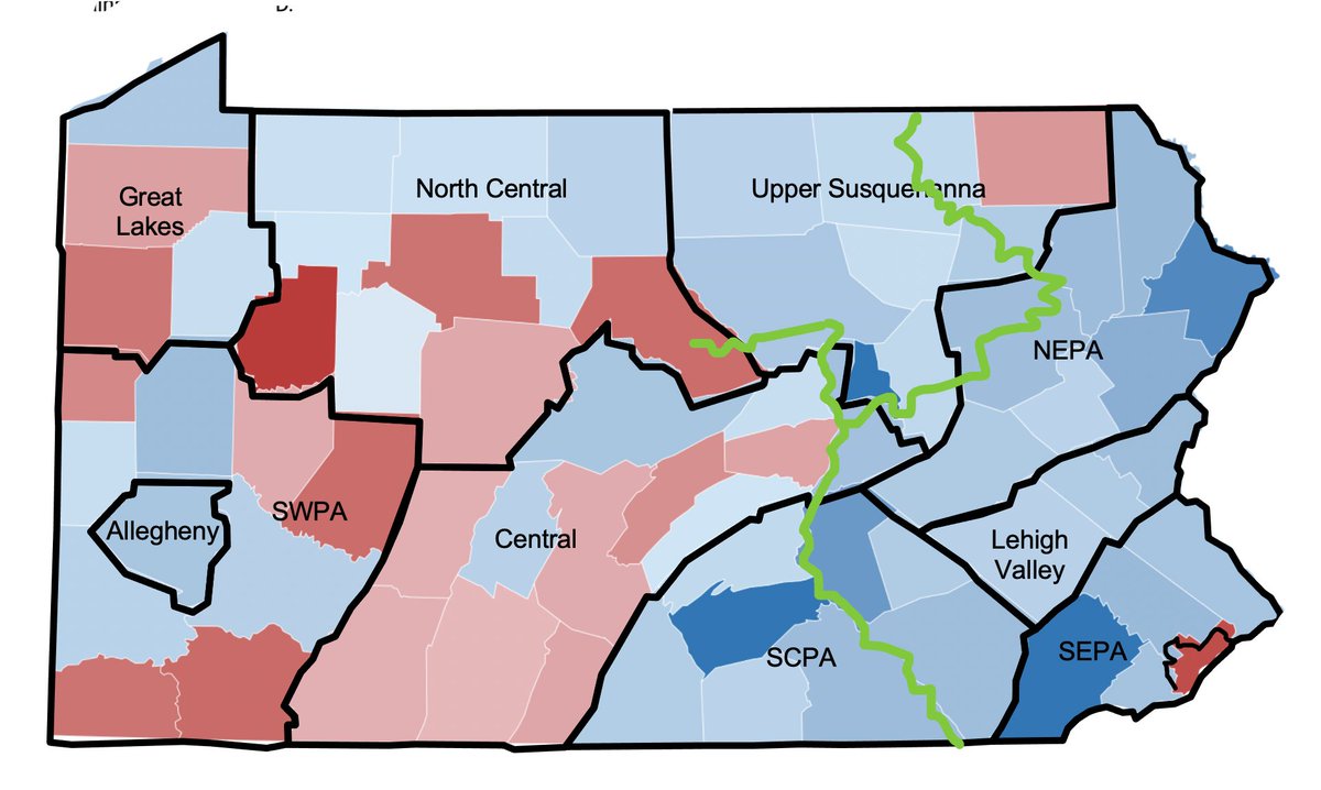 In part I wanted to capture the ways river towns along the Susquehanna River in central & northern PA—which tend to be home to colleges, medical ctrs, more young people, more professionals—have an evolving progressive ecosystem that shouldn& #39;t be split arbitrarily across regions