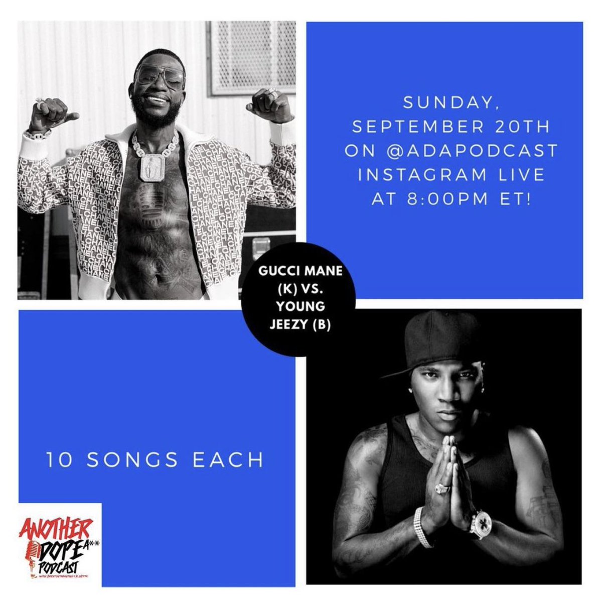 _ADAPodcast's tweet photo. @verzuzonline @AppleMusic @Ciroc @NTWRKLIVE @gucci1017 @THEREALSWIZZZ @Jeezy @Roland_US @Timbaland We did 15 songs each with Gucci vs. Jeezy on our podcast for #SlapForSlapWithADAP. SOOO MANY songs we didn’t get to play. Based on the votes by our viewers, Gucci won. Check out the scores. #adapodcast #VERZUZ https://t.co/YyKKdXW8lT