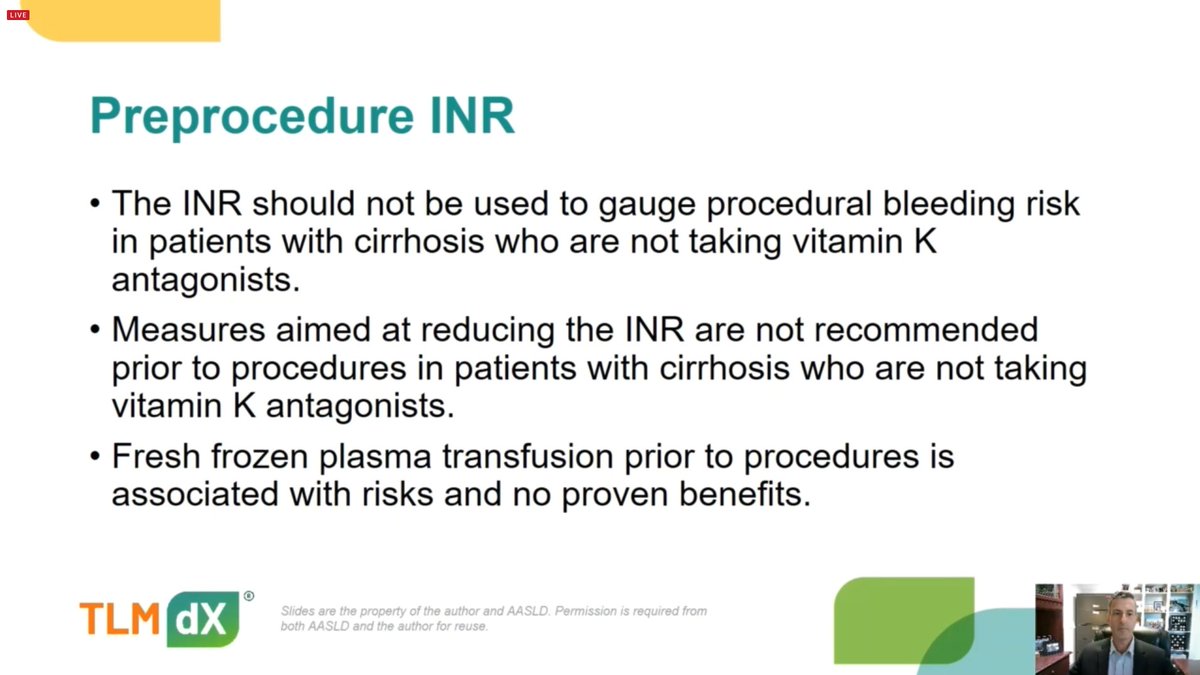 BlaneyMD's tweet photo. 🩸🩸Bleeding Risk in Liver Disease 🩸🩸
➡️Do not use INR to gage bleeding risk in patients not taking vitamin K antagonist
➡️FFP w/ many risks and no proven benefits
➡️No set preprocedural platelet count, with risks associated with plt transfusion
#TLMdX #NoFFP @AASLDtweets https://t.co/BCT82N0llR