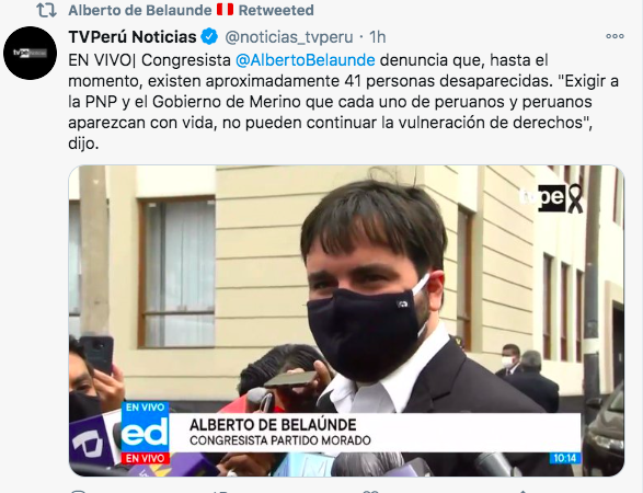 There are at least 41 protestors missing and police DOES NOT WANT TO SAY where they are. Congressman  @AlbertoBelaunde- one of the few that voted against ousting pdt. Vizcarra, is DEMANDING police release the list of detainees.