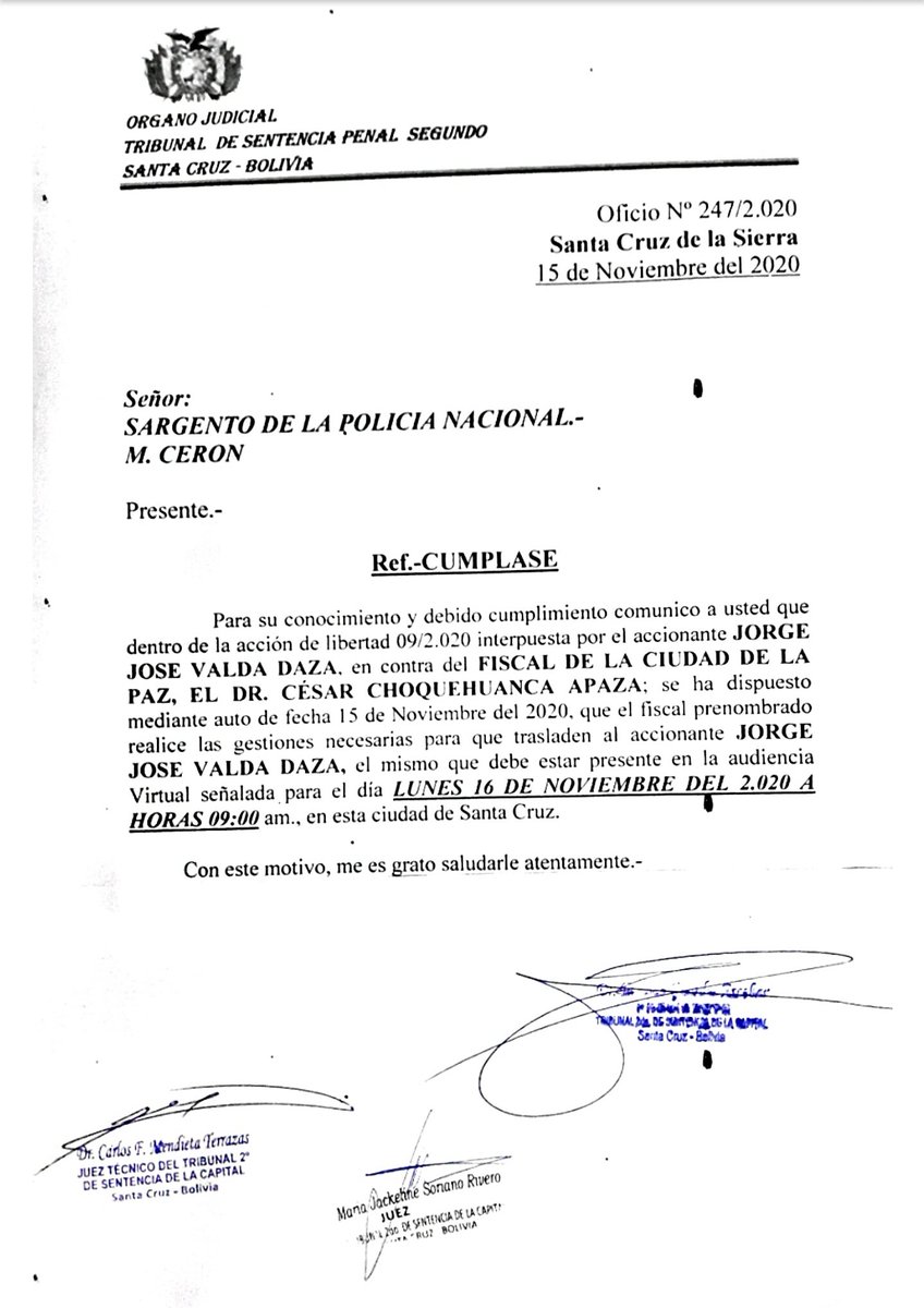 nadia_beller's tweet photo. Ordenes judiciales que disponen el traslado a la ciudad de Santa Cruz del Dr. JORGE VALDA. https://t.co/3iAe1PzZuN