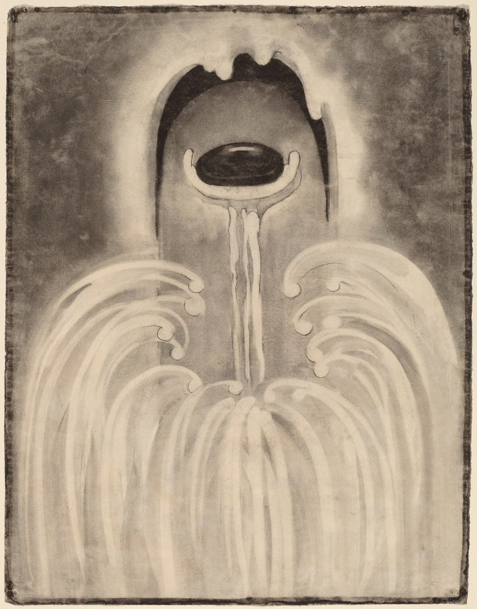 O’Keeffe met Alfred Stieglitz in 1916 who offered to show her work. She was working in W Texas at the time. She also worked directly from her subconscious. Charcoal Drawings (1915)