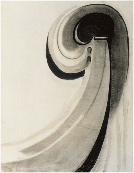 O’Keeffe met Alfred Stieglitz in 1916 who offered to show her work. She was working in W Texas at the time. She also worked directly from her subconscious. Charcoal Drawings (1915)