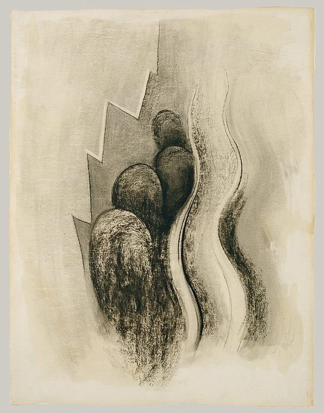 O’Keeffe met Alfred Stieglitz in 1916 who offered to show her work. She was working in W Texas at the time. She also worked directly from her subconscious. Charcoal Drawings (1915)