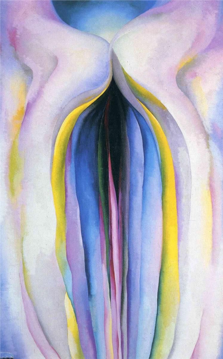 Critics have claimed to see genitalia in her work. She disagreed. Given the power & universality of her subconscious they saw what they themselves wanted to. Grey Line with Black, Blue & Yellow (1923), Pattern of Leaves (1923), Red Canna (1924) & Flower of Life II (1925)