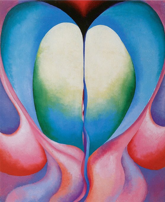 O’Keeffe began to paint simplified more abstract images of plants at the time & these were a theme of hers throughout her life. Large scale images of them began in 1924. Series I No 8 (1919), Lake George Reflection (c1921), Blue & Green Music (1919-21) & Sun Water Maine (1922)