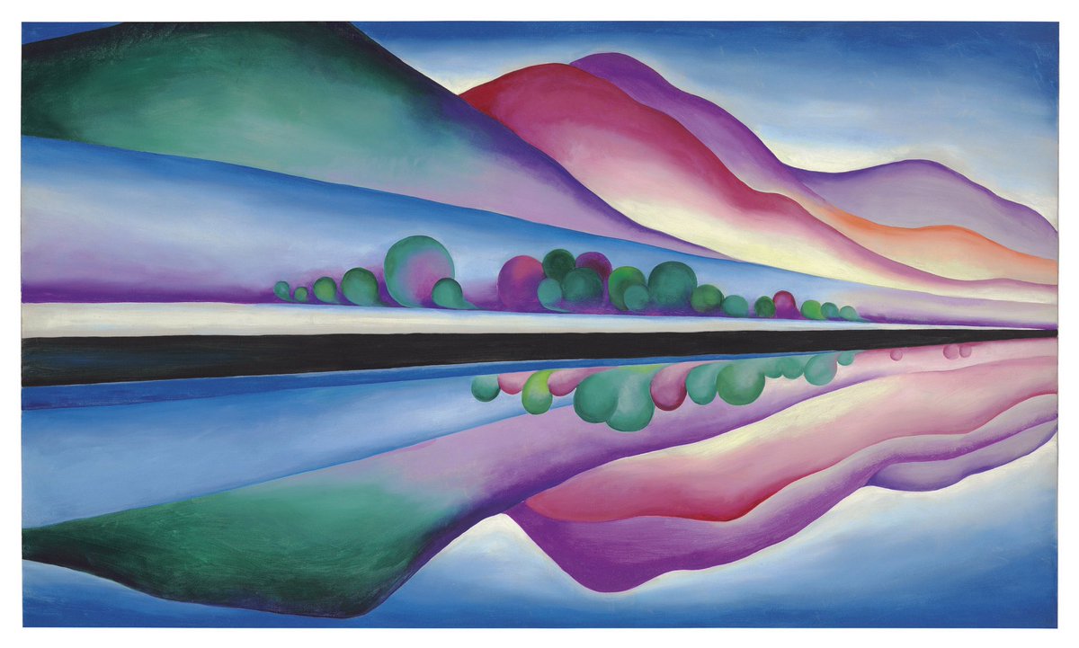 O’Keeffe began to paint simplified more abstract images of plants at the time & these were a theme of hers throughout her life. Large scale images of them began in 1924. Series I No 8 (1919), Lake George Reflection (c1921), Blue & Green Music (1919-21) & Sun Water Maine (1922)