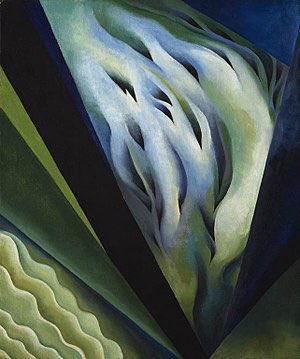 O’Keeffe began to paint simplified more abstract images of plants at the time & these were a theme of hers throughout her life. Large scale images of them began in 1924. Series I No 8 (1919), Lake George Reflection (c1921), Blue & Green Music (1919-21) & Sun Water Maine (1922)