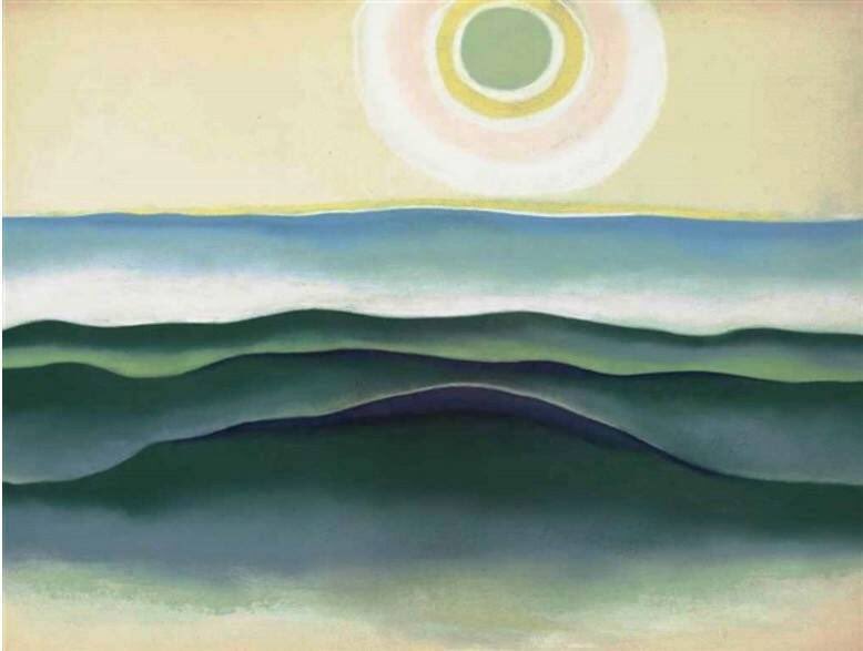 O’Keeffe began to paint simplified more abstract images of plants at the time & these were a theme of hers throughout her life. Large scale images of them began in 1924. Series I No 8 (1919), Lake George Reflection (c1921), Blue & Green Music (1919-21) & Sun Water Maine (1922)