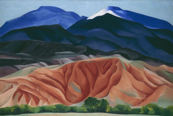 O’Keeffe was in New Mexico by 1929. The region was to provide fertile ground for her imagination & images which have come to define the landscape there. Trees at Glorietta (1929), Taos Mountain (1930), Out Back of Marie’s II (1930) & Horses Skull (1930)
