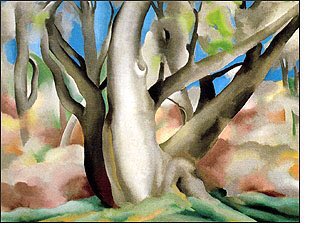 O’Keeffe was in New Mexico by 1929. The region was to provide fertile ground for her imagination & images which have come to define the landscape there. Trees at Glorietta (1929), Taos Mountain (1930), Out Back of Marie’s II (1930) & Horses Skull (1930)