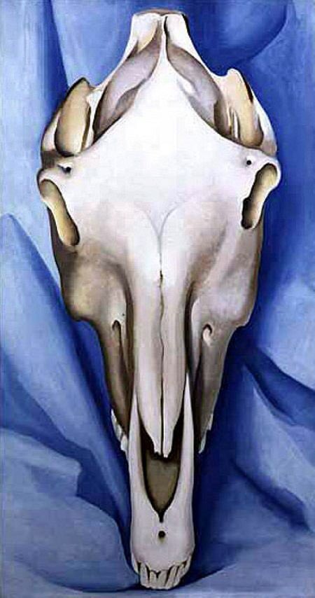 O’Keeffe was in New Mexico by 1929. The region was to provide fertile ground for her imagination & images which have come to define the landscape there. Trees at Glorietta (1929), Taos Mountain (1930), Out Back of Marie’s II (1930) & Horses Skull (1930)
