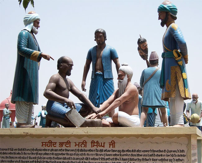 The Mughals then began dismembering Mani Singh into pieces starting with his fingers.After his limbs, arms and internal organs were dismembered he was thrown into a mill and torn into pieces.