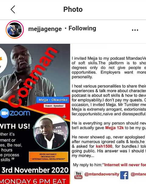 AfroPop_'s tweet photo. SIJALAGHAI!

>Mwanamuziki Mejja wa Kansoul akana madai kwamba alimlaghai mwanablogu.

>Aonya mashabiki wake kuwa ana akaunti moja tu ya mtandao wa kijamii na ni kwenye Instagram. https://t.co/Yy4ArWLzyX