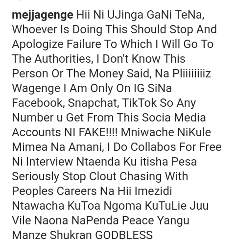 AfroPop_'s tweet photo. SIJALAGHAI!

>Mwanamuziki Mejja wa Kansoul akana madai kwamba alimlaghai mwanablogu.

>Aonya mashabiki wake kuwa ana akaunti moja tu ya mtandao wa kijamii na ni kwenye Instagram. https://t.co/Yy4ArWLzyX