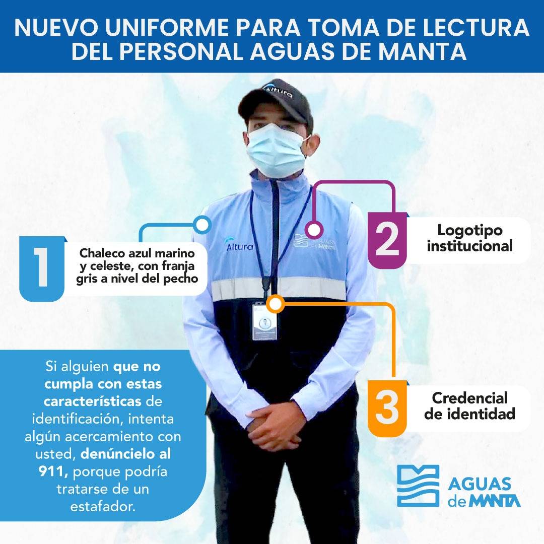 AguasdeManta's tweet photo. #LecturaDeMedidores | Reconozca al personal que realiza la toma de lectura de los consumos de agua, en territorio. https://t.co/epjPQHdpkh