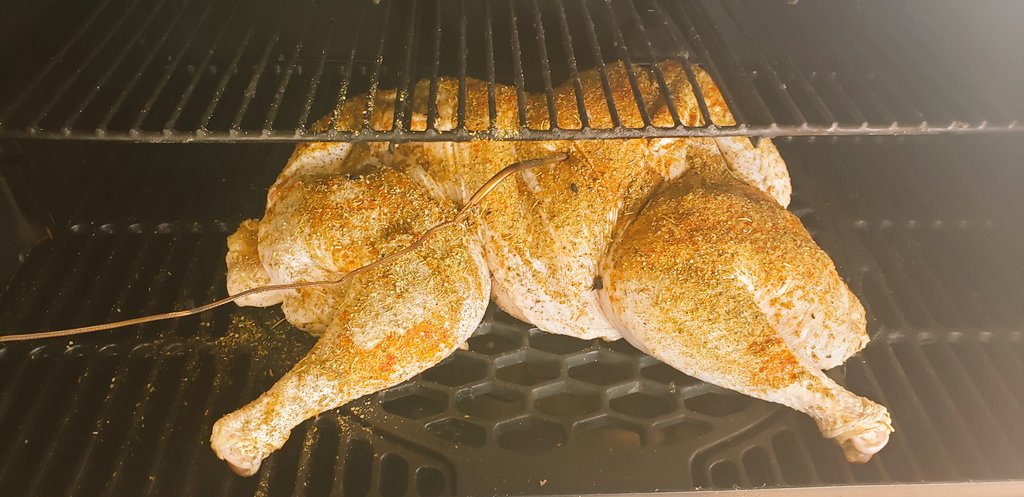 tnbartley's tweet photo. Smoked whole turkey practice run today in advance of delivering smoked turkeys to my shelter in place family members Thanksgiving day. @OklahomaJoes Rider XL pellet grill easily handles three spatchcocked 15lb birds. https://t.co/XrRUMDFH7W