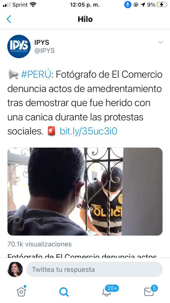 A lawyer from the newspaper had to go to his house to stop the more than 3 visits all day that he received from police trying to force him to surrender the evidence of the shooting that injured him. . @IPYS is Instituto Prensa y Sociedad, Institute for Journalism and Society