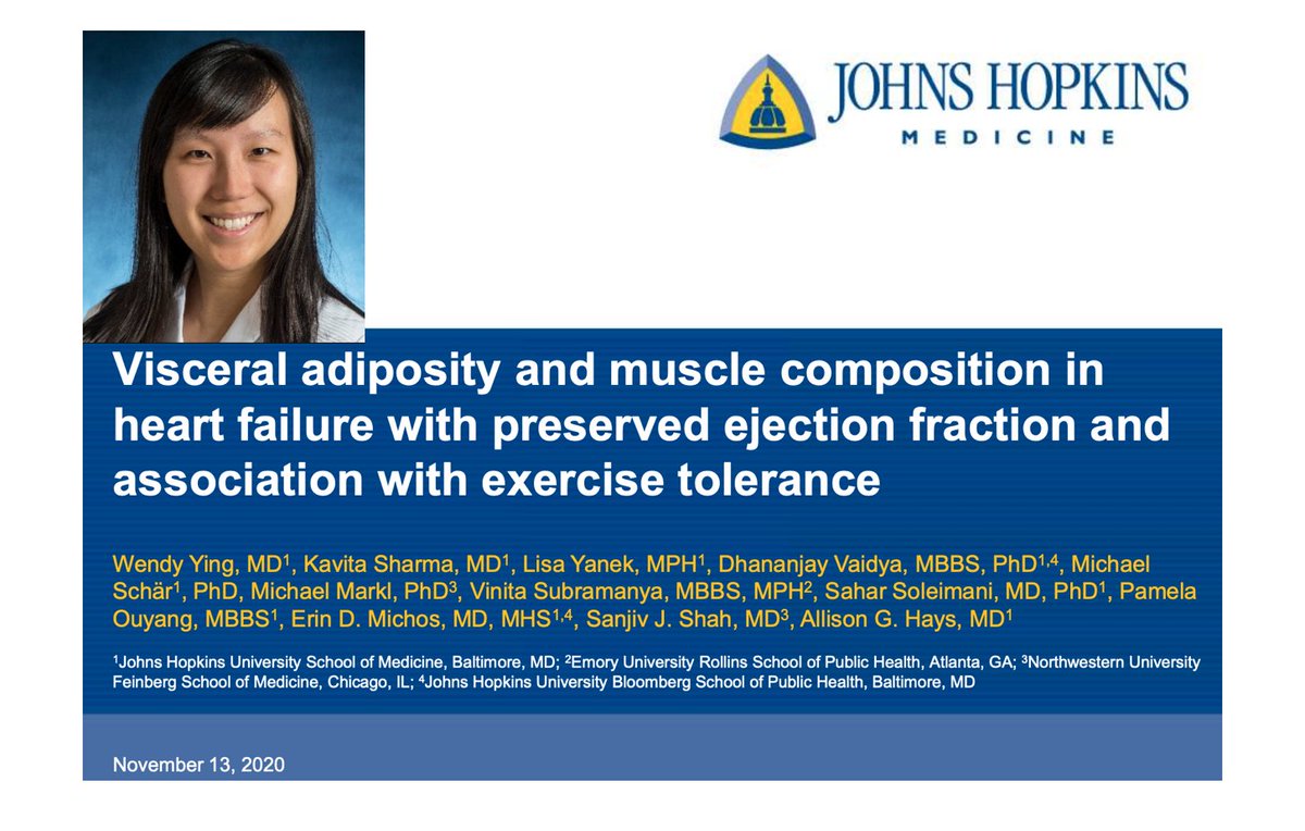 Excellent collaborative effort between @hopkinsheart and @NorthwesternU in #AHA2020 poster by Hopkins Cardiology fellow @WendyYingMD for AHA GRFW SFRN lead by @KSharmaMD SShah @ErinMichos  #WhyCMR in @HFpEF