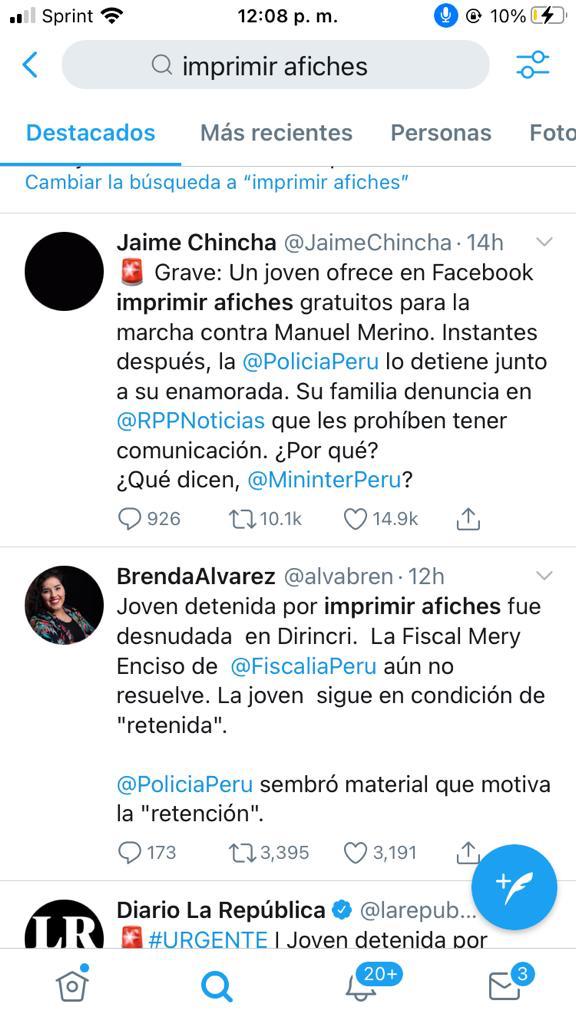 There are also reports from NGO 's lawyers and feminists that aided the female detainees, like  @alvabren, that police stripped naked at least one of the female protestors for carrying a banner.  @JaimeChincha is a news reporter in national radio  @RPPNoticias.