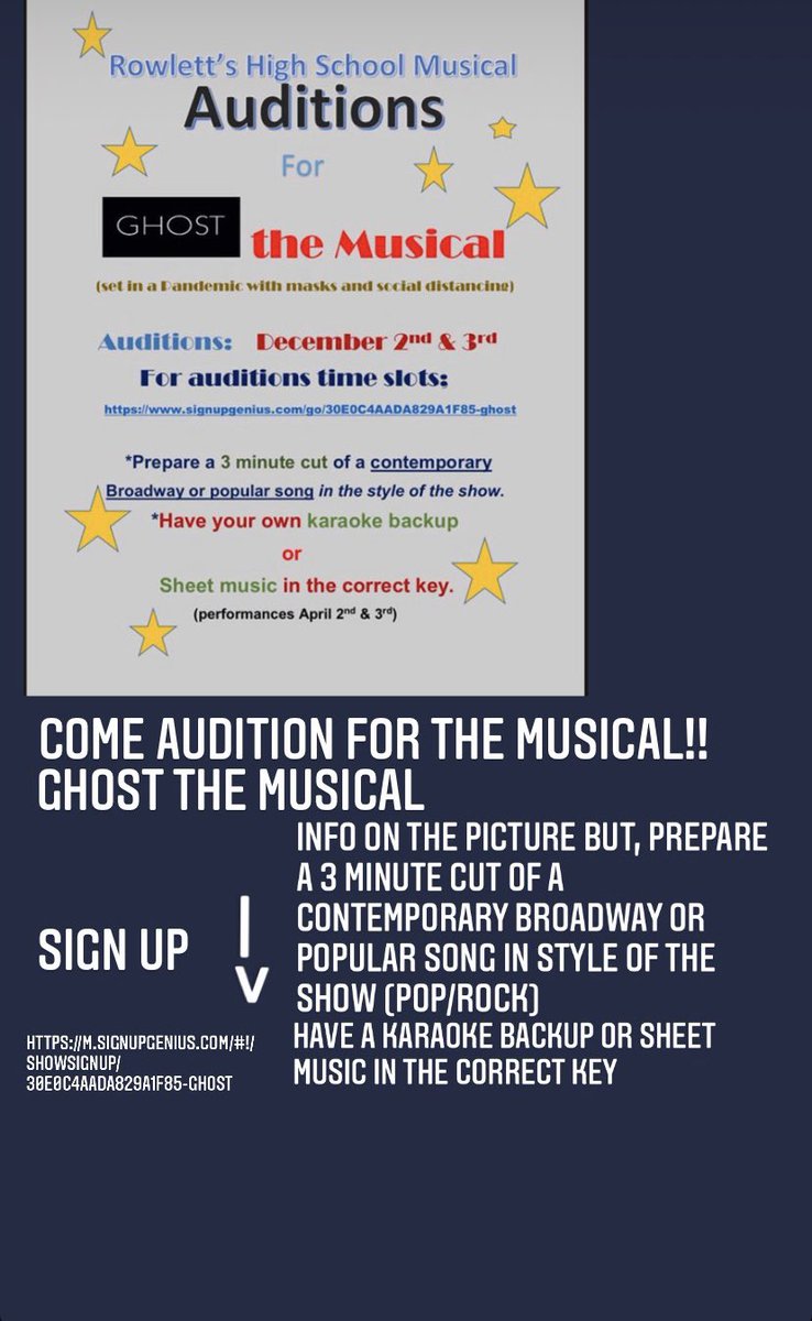 m.signupgenius.com/#!/showSignUp/… come audition for our Musical!! Ghost: The Musical!! Info is on the poster/picture &amp; they’ll be hung up around school!! The link is the sign up sheet, hope to see you there!!