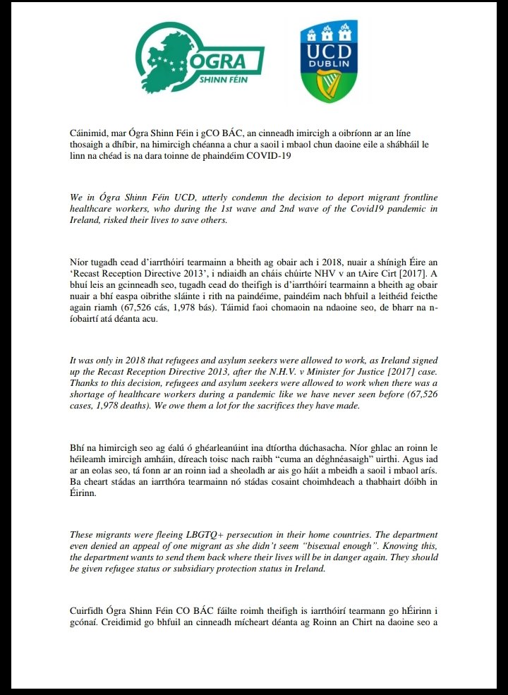 SF_UCD's tweet photo. 🚨Ráiteas ó Ógra Shinn Féin UCD faoi na hoibrithe cúram sláinte imirceach🚨 

Statement from Ógra Shinn Féin UCD about the migrant healthcare workers who are being deported. 
#ceadmilefáilte https://t.co/FBpnvNjQ8S