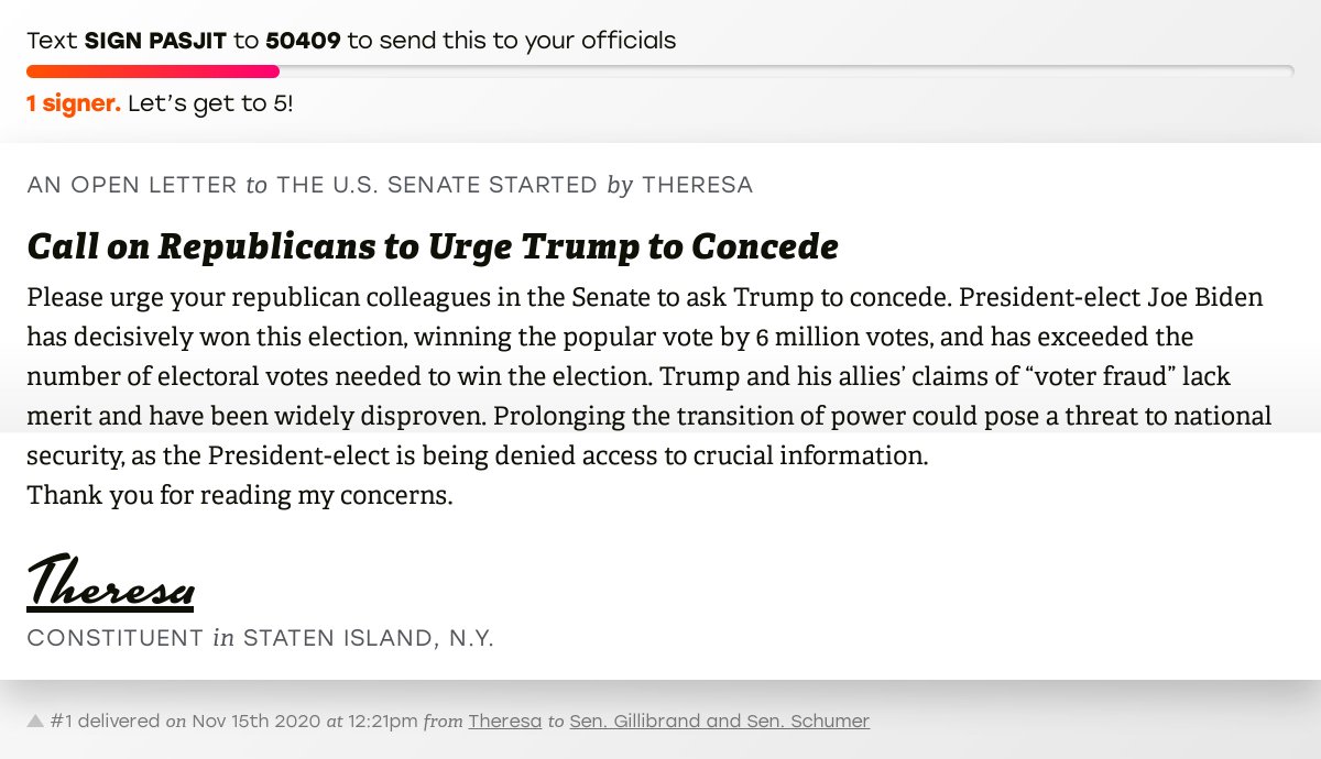 openletterbot's tweet photo. 🖋 Sign “Call on Republicans to Urge Trump to Concede” and I’ll deliver a copy to your officials: https://t.co/Y8Ir2yzPIA

📨 No. 1 is from @berryterry to @GillibrandNY and @SenSchumer #NY11 #NYpolitics #NYpol #VoteByMail https://t.co/fSHt7PP5Xz