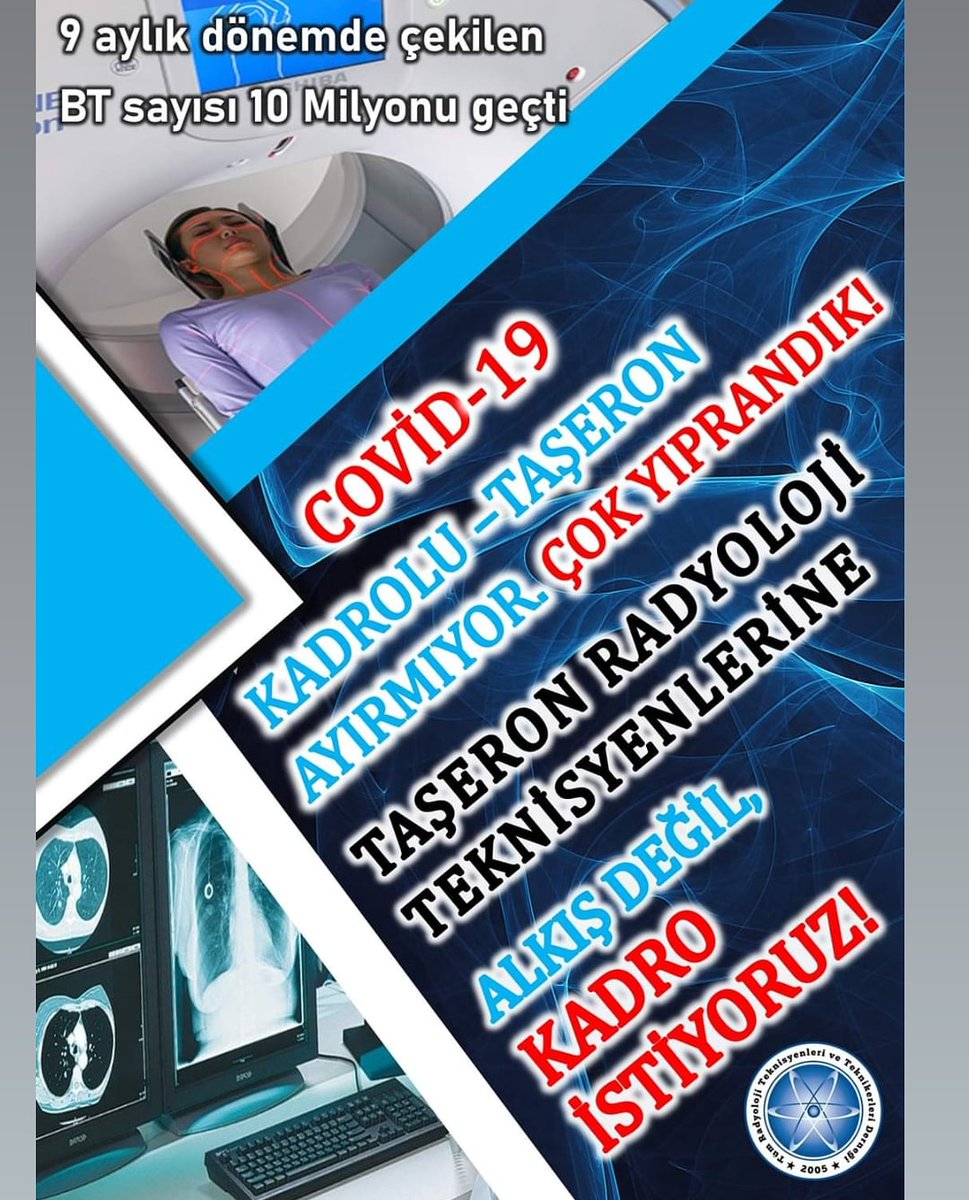 COVİD-19 Teşhisinde BT görüntüleme en az PCR Testi kadar önemlidir. Her ne kadar SESLERİ duyulmasa da bunun kahramanları TAŞERON GÖRÜNTÜLEME TEKNİKERLERİ'dir. 
Taşeron Radyoloji Teknisyenleri ve Teknikerleri için ALKIŞ DEĞİL, KADRO İSTİYORUZ!
<a href="/drfahrettinkoca/">Dr. Fahrettin Koca</a>  <a href="/saglikbakanligi/">T.C. Sağlık Bakanlığı</a>