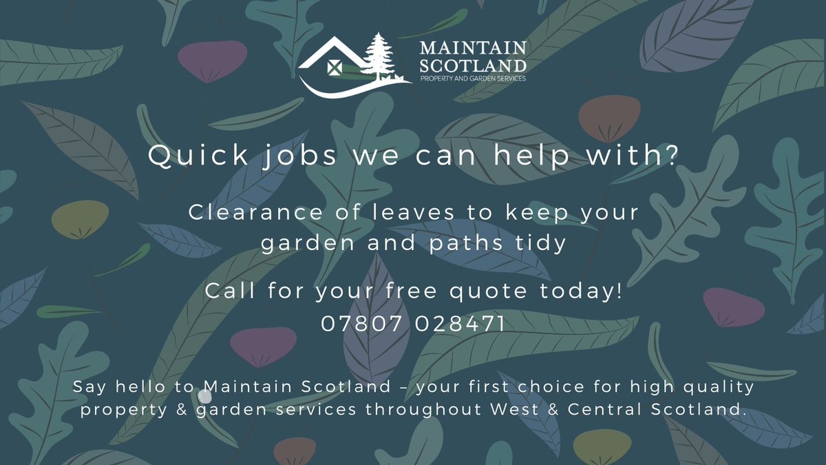 MaintainScot's tweet photo. Let us help clear away those pesky leaves to keep your garden tidy &amp; paths safe from slips!

Please call Martin on 
07807 028471 :-)

#Glasgow #gardenmaintenance #maintenance #gettingreadyfor2021 

Online: https://t.co/Sd0BVOW3pQ https://t.co/FKPYmw423b
