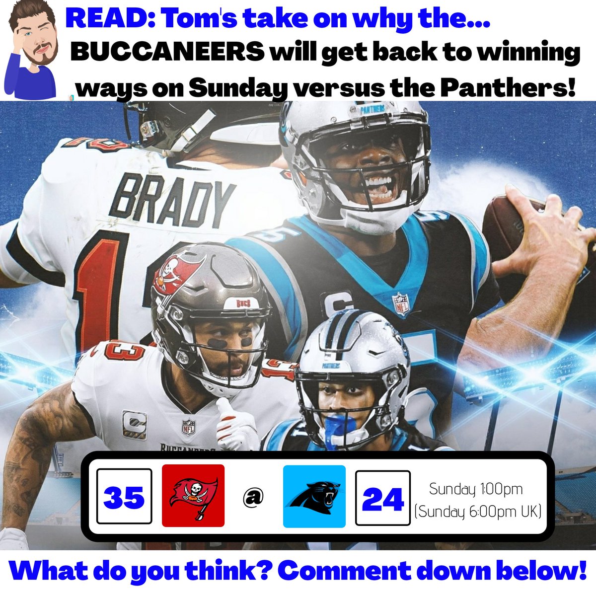 NFLUKOPS's tweet photo. TOM'S #NFL TAKE

READ #TOMSTAKE ON TODAY'S NFC SOUTH MATCHUP BETWEEN @Panthers &amp; @Buccaneers 👇

https://t.co/vtU2fWWZcz

#NFLUK #NFLUKOPS #TOUCHDOWN #NFLTWITTER #TBvsCAR #NFLSUNDAY #NFCSOUTH #NFLPICKS #NFLFANS #PANTHERS #BUCCANEERS #GOBUCS @TomBrady @RobGronkowski @teddyb_h2o https://t.co/P53hrgqSGM
