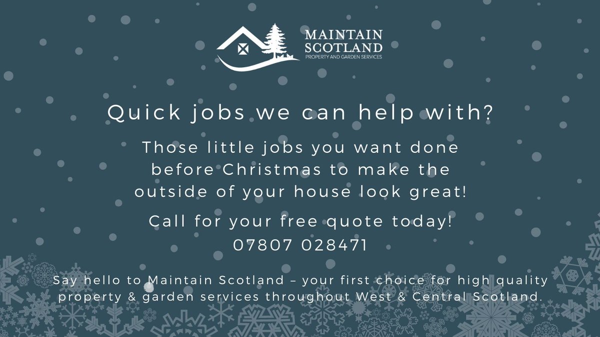 MaintainScot's tweet photo. What can we help you with in December? Perhaps you have a few jobs you want done before Xmas to make the outside of your house look great?

Please call Martin on 
07807 028471 :-)

#Glasgow #gardenmaintenance #maintenance #gettingreadyfor2021 

Online: https://t.co/Sd0BVOW3pQ https://t.co/V7Ib4ZvEZd