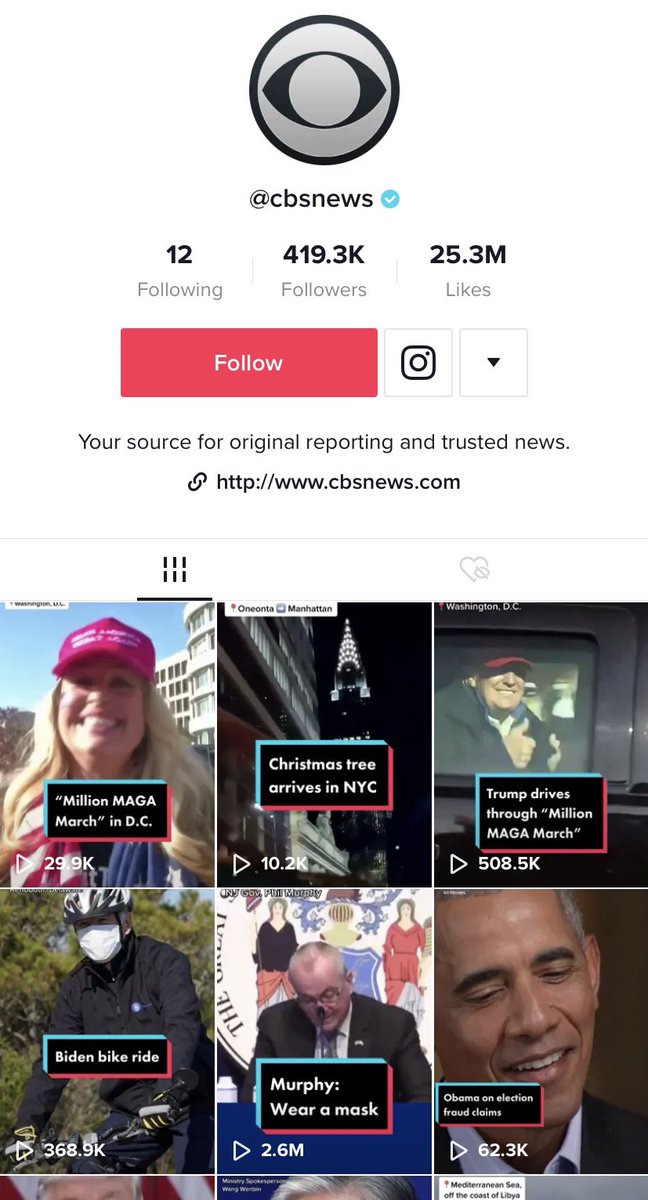 davejorgenson's tweet photo. CBS News has an extremely good and active TikTok account. 

While I’m very jealous that they definitely have more than one person making content, I think they’re doing a great job of proving it’s worth investing time and people in the app. https://t.co/nz9SOlpHpq