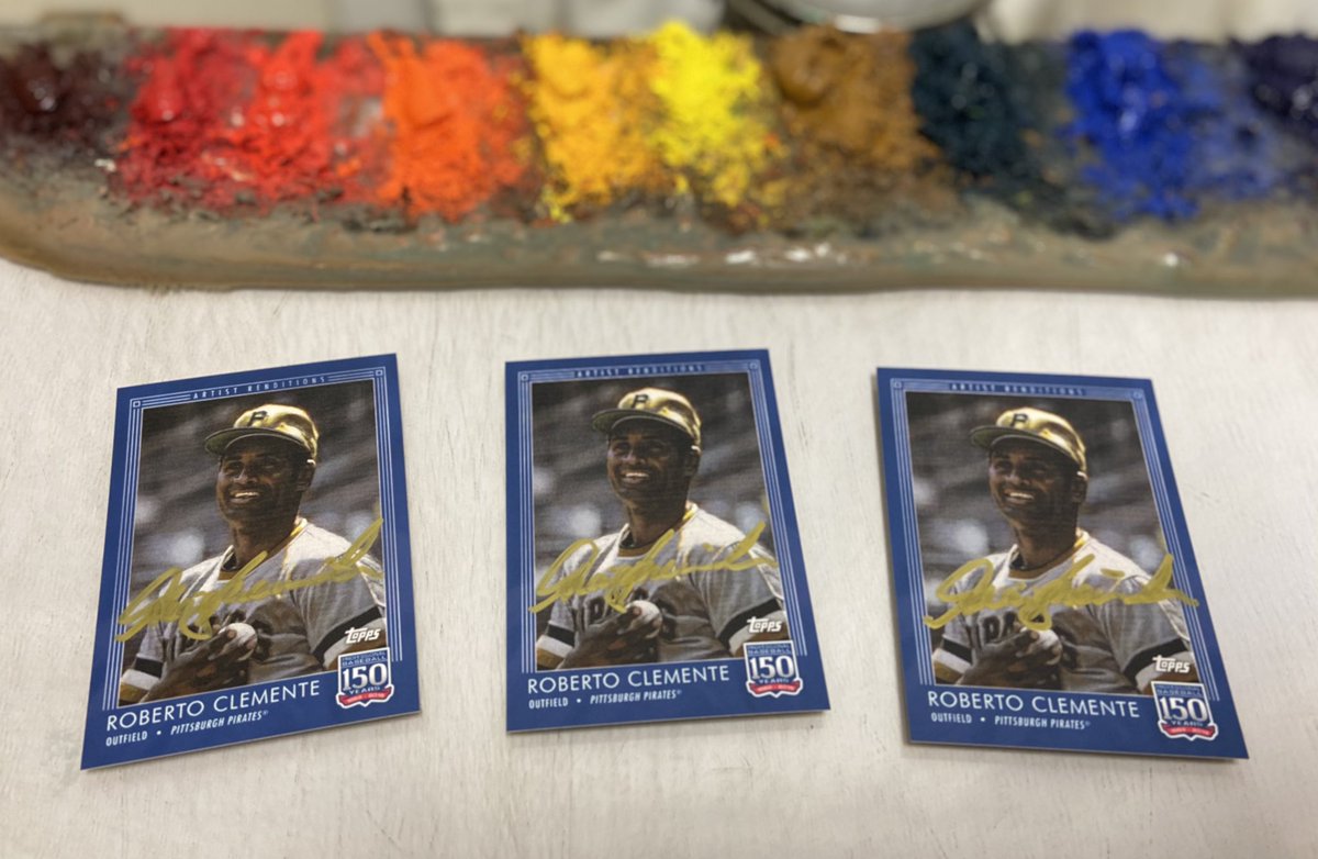ICYMI: Follow me and retweet this before 9:00 PM EDT on Wednesday, November 18th and I'll pick three random winners. Each will receive a Roberto Clemente <a href="/Topps/">Topps</a> card signed by the guy who painted it (me)!