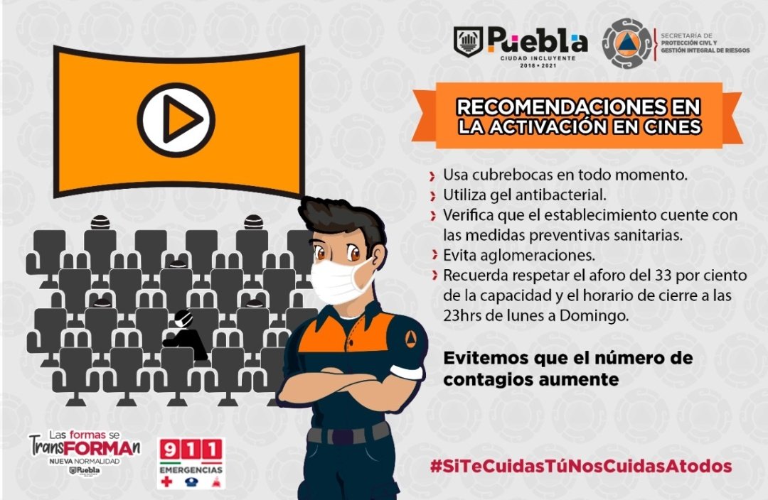 PCPueblaCapital's tweet photo. #PCInforma | Ante la reanudación de las actividades de los #Cines en la ciudad de #Puebla, en @PCPueblaCapital te brindamos las siguientes recomendaciones:
🔸Aforo al 33 por ciento
🔸Uso permanente de cubrebocas
🔸Evita aglomeraciones
🔸Horario de cierre 23:00 hrs
🔸Lunes-domingo https://t.co/JjHXxQeJbI