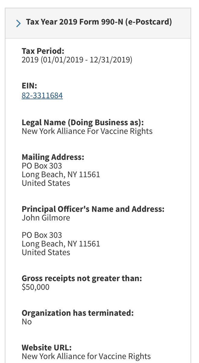 ECandella's tweet photo. The #antivaxx #nonprofit scam: They file a 501(c), grift never file returns=Auto Revocation @AutismActionNet #NYAllianceForVaccineRights AND CURIOUSLY, @ChildrensHD just formed a N.Y. chapter RUN BY @ritamollerpalma & #GrifterGilmore is the officer for ALL 3 https://t.co/LGdzmF7lB3