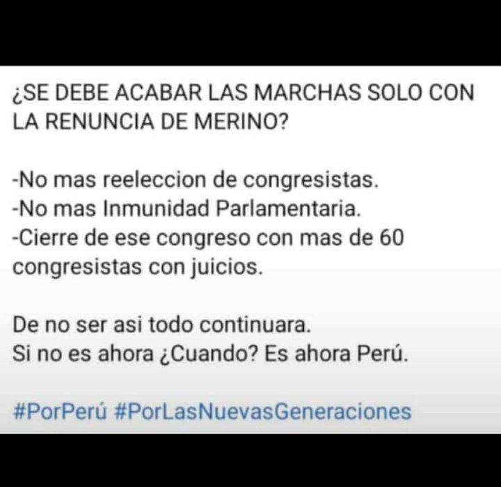 27Zayuri's tweet photo. Aún no es tiempo de parar las marchas tenemos algo que hacer  #PeruAbreLosOjos #FuerzaPeru #porelmañana  hay que luchar ahora sí queremos un buen futuro #MarchaNacional #PeruDesperto #larguensetodos es momento de tener más cambios y rujan leones pero también en las votaciones. https://t.co/uLLs6E1s8d