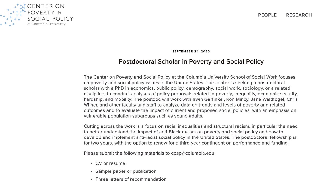 #PostDoc (up tp 3 years) in #Poverty and #SocialPolicy at #Columbia - povertycenter.columbia.edu/job-postings/2…

#ARNOVA20 #Nonprofit #PublicService #PostDoctoral #Fellowship #HigherEd #HigherEducation