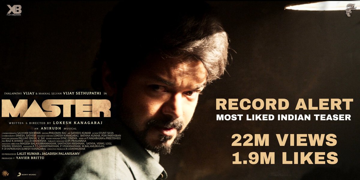 Bala4Vijay's tweet photo. Record ALERT 💥
#MasterTeaser #MasterTeaserRage 
@XBFilmCreators 
@Dir_Lokesh
@TheVIJAY65Movie
@MasterTeamOffi @ThalapathyFilms
@MasterMovieOffi @MasterMoviePage @OTFC_Off
#Master #MostLikedMasterTeaser #Thalapathy #Thalapathy65 #ThalapathyVijay #Kollywood #MasterRecord https://t.co/gvg4GHHbxG