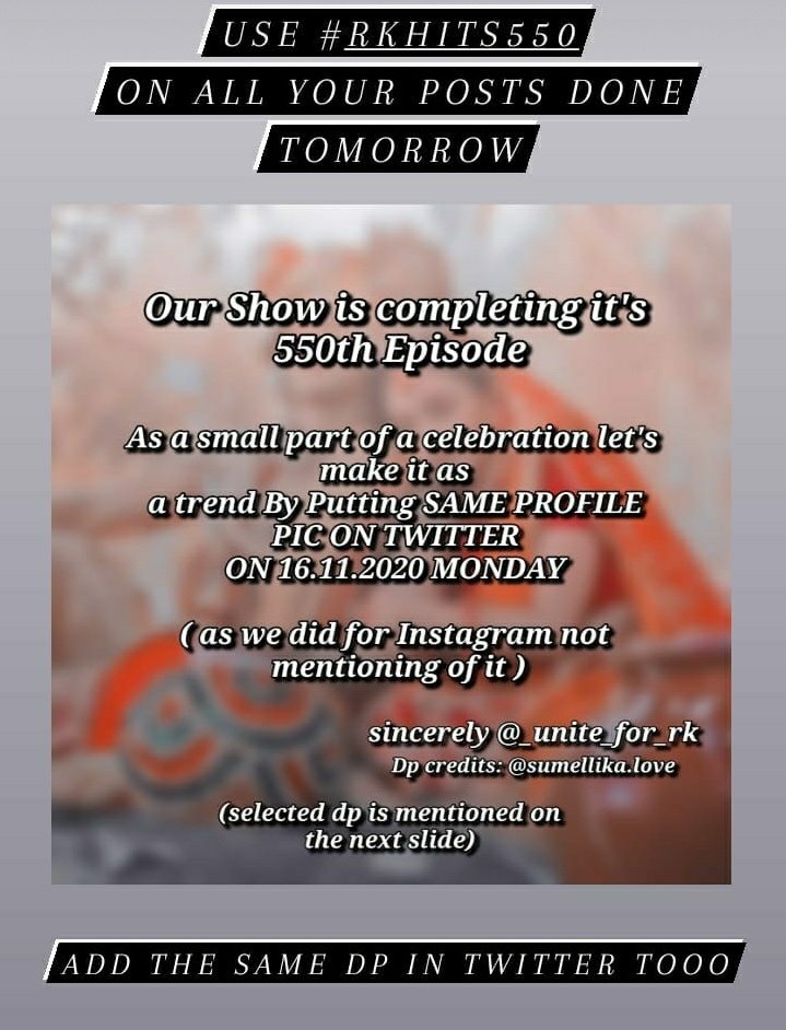 Poohyash3's tweet photo. Our beloved Rk is hitting 550 episodes tomorrow. So let's do a dp trend to show our love and gratitude towards our beautiful show which has changed our lives completely. Use the hashtag #RKHits550 in all your posts.We wish all of you to participate.Radhe Radhe 
#RadhaKrishn https://t.co/UaYLOxSXY9