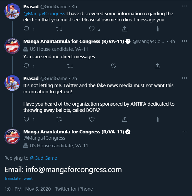 GudiGame's tweet photo. The GOP information network is truly unrivaled if the Virginia US House Candidate Manga Anantatmula was already informed of Operation BOFA before I even came up with it. https://t.co/Ms5W6TmHko