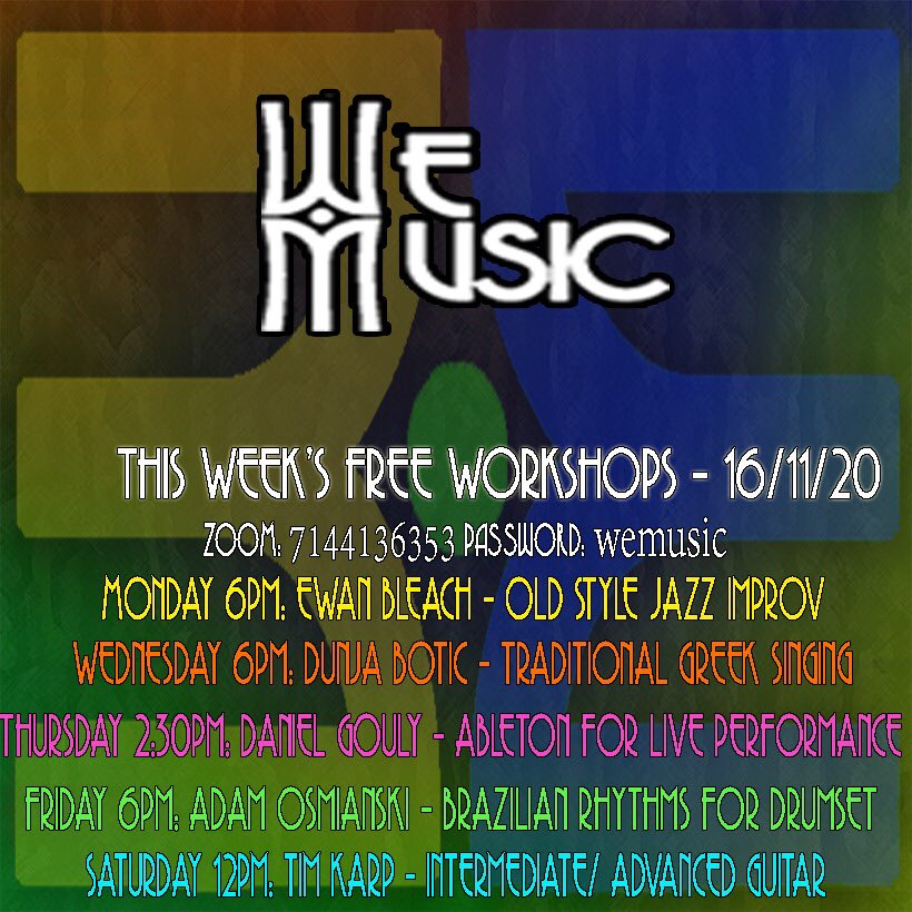 WeMusic7's tweet photo. Free music workshops all week. All welcome
Zoom: 7144136353 
Password: wemusic
#jazz #greekmusic #ableton #samba #learnguitar #clarinet #vocalist 

https://t.co/1nPg7hu74c https://t.co/UnQPX0fVdL