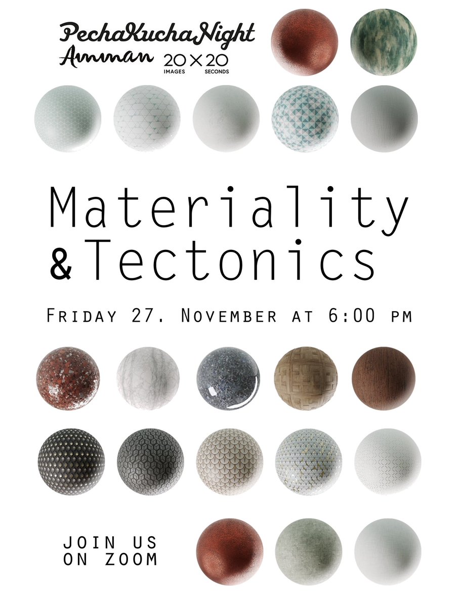 PechakuchaAmman's tweet photo. “In the world of design, #materials could become the strongest design generative, guiding the #design process through intimate conversations with the #designer on what it wants to become.”

Join our next event on Zoom! https://t.co/ErNFwZCb9U
