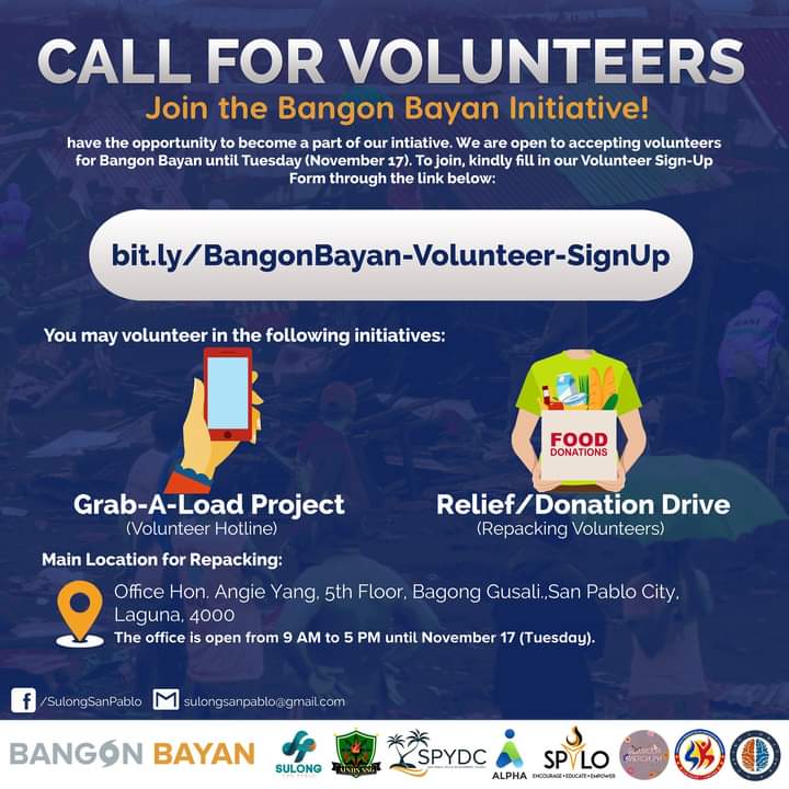 sc_madriaga's tweet photo. Our call for volunteers is up! Come and join us in Bangon Bayan, mga kapatid!
Sama-sama tayo sa pagbangon! ✊🇵🇭 #UlyssesPH #OneSanPablo #WalangIwananPH #ReliefPH https://t.co/tuUPepMKji