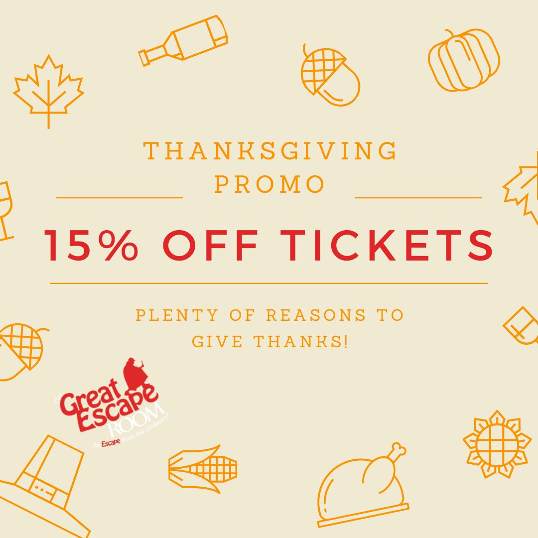 TGERMiami's tweet photo. Celebrate this giving season with us at The Great Escape Room Miami! 🍂🦃🥧 Our #Thanksgivingpromo of 15% OFF TICKETS is running from 11/16-11/26! - BOOK NOW or AHEAD by visiting the link in our bio or reaching us at (786) 322-6619.- #escaperoom #miamiactivities #miami #familyfun https://t.co/4bZMEuV45Z