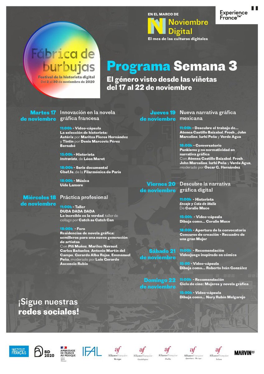 Bonjour!! En el marco de noviembre digital, seguimos con la fábrica de burbujas 😊 #Semana3 
No te pierdas los eventos de esta semana en vivo desde nuestras redes sociales 🤩 #IFAL #FabricaDeBurbujas #AlianzaFrancesa