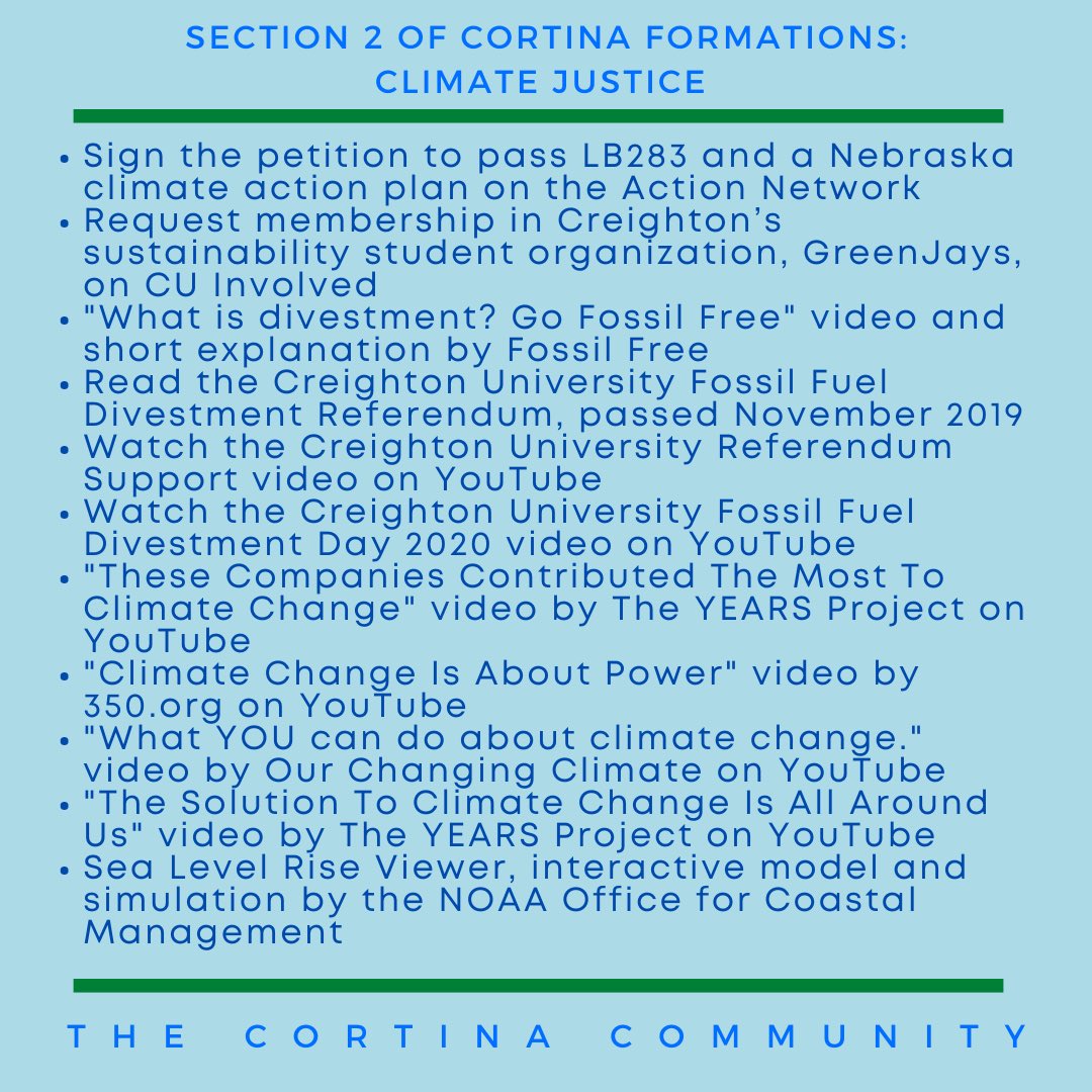 CortinaTweets's tweet photo. For our 2nd section of formations this year, Cortinians discussed Climate Change &amp; Climate Justice. Here’s the informational resources we’ve been learning from and basing our discussions on. There’s countless articles, videos, and action items online for each of us to look into! https://t.co/kUoheacV9u