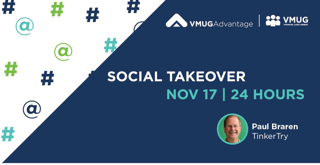 MyVMUG's tweet photo. In just two days, VMUG Advantage is doing a social takeover with @paulbraren of TinkerTry!
See you November 17 for 24 hours of non-stop @VMUGAdv resources, content, tips, and more! #ADVTinkerTryTakeover https://t.co/fiQ5wPGpyW
